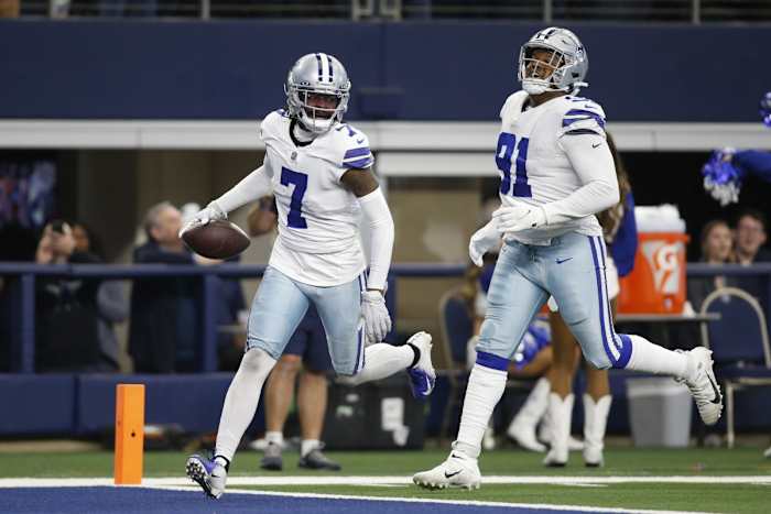 Dallas Cowboys cornerback Trevon Diggs (7) celebrates making an interception against the Atlanta Falcons. Mandatory Credit: Tim Heitman-USA TODAY Sports